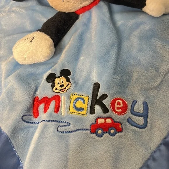 Disney Baby Lovey Security Blanket Plush Rattle Mickey Mouse Blue Car Satin Blue - Picture 4 of 7